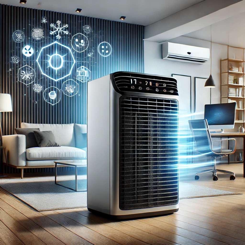 "A sleek and modern 110 Volt air conditioner in a stylish office room, showcasing its compact design and powerful cooling features, ideal for small spaces like apartments or offices."