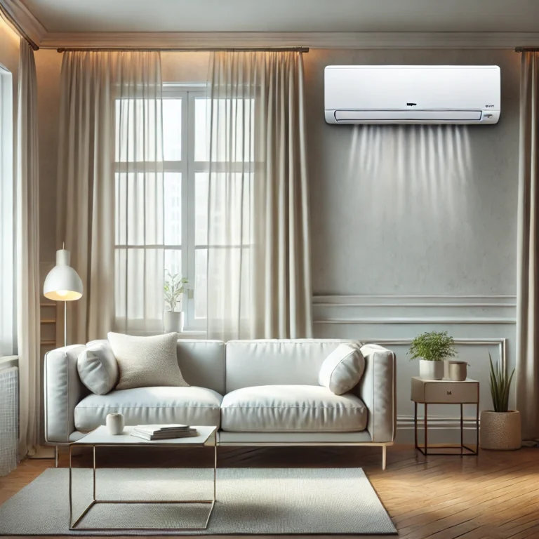 "A sleek white air conditioner mounted on a wall in a modern, minimalistic living room, operating in dry mode to reduce humidity, with closed windows, soft curtains, and a cozy, dehumidified atmosphere."