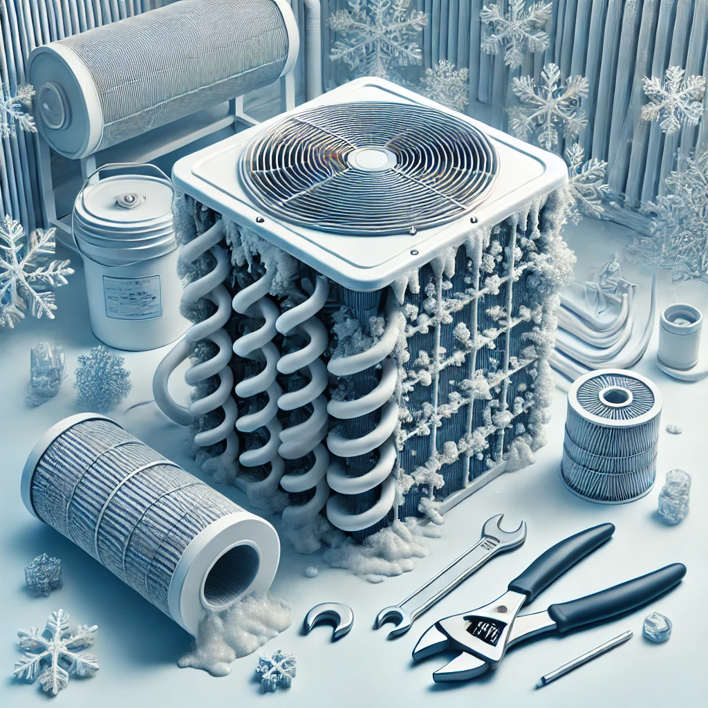 "Technician inspecting a frozen evaporator coil in an air conditioning unit."